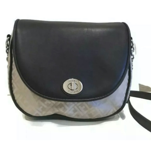 Tommy Hilfiger Logo Print Crossbody Saddle Handbag Ivory Brown - Picture 2 of 11